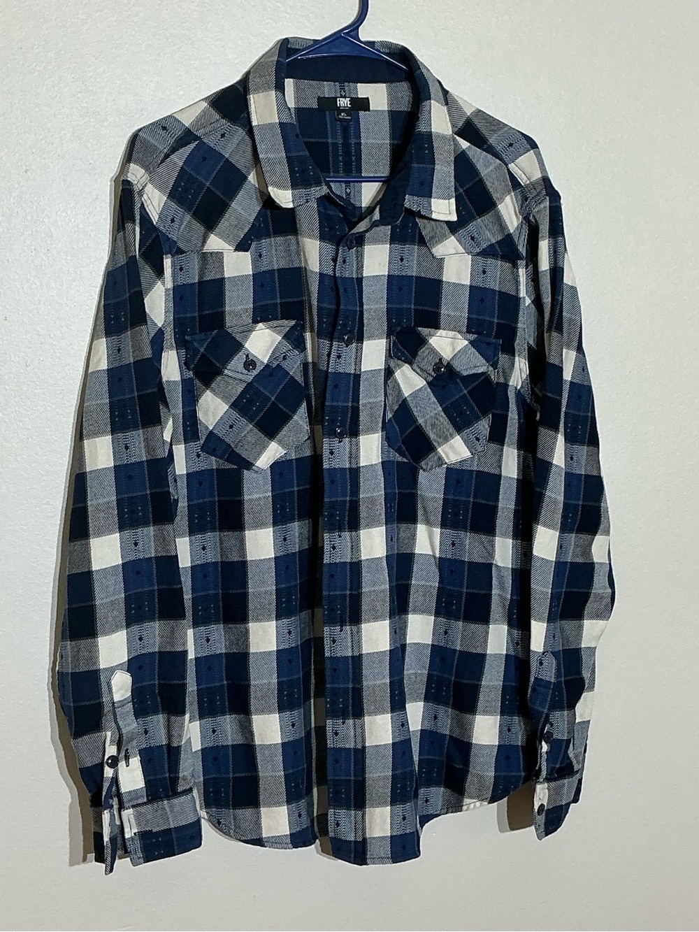 Frye XL Navy & White Plaid Button-Up Flannel Shirt